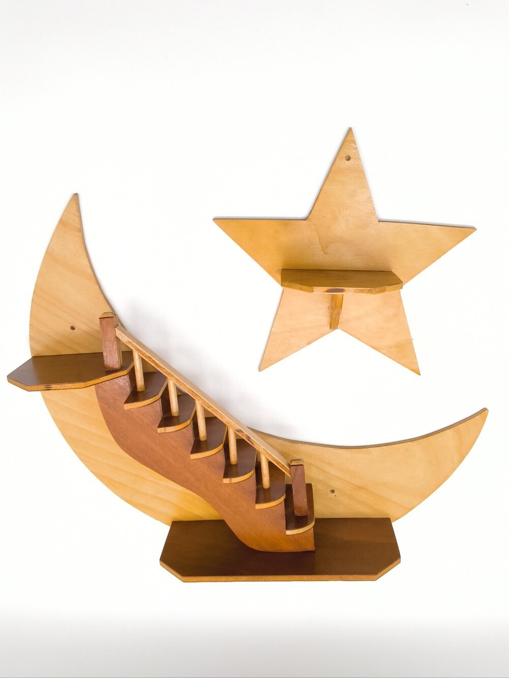 Vintage Wooden Moon and Star Wall Floating Display Shelf Set - Light Wood Set